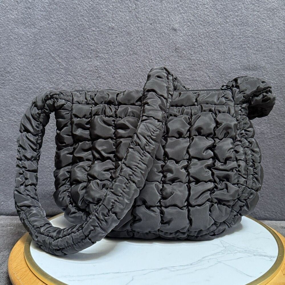 Puffer Hobo Bag Ruched Shoulder Purse Quilted Nylon Tote Y2K Wild Fable Black